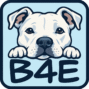 Minimalist logo featuring a white American Staffordshire Terrier with its paws resting on the B4E lettering.