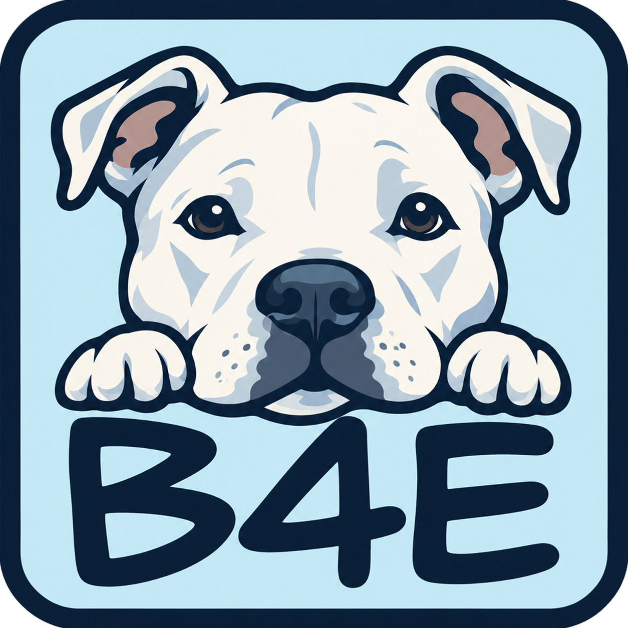 Minimalist logo featuring a white American Staffordshire Terrier with its paws resting on the B4E lettering.